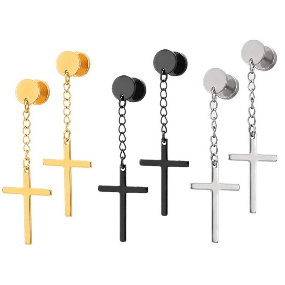 2 Pairs Cross Dangle Hoop Huggie Ear Stud Earrings